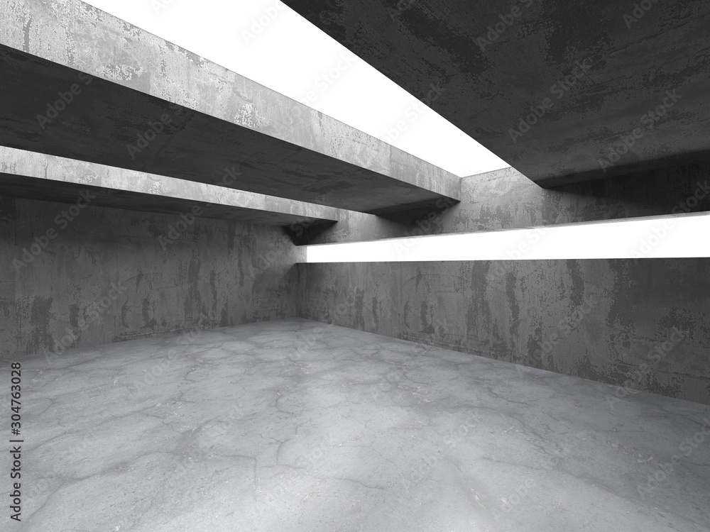 Fototapeta Dark concrete empty room. Modern architecture design. Urban textured background. 3d render illustration