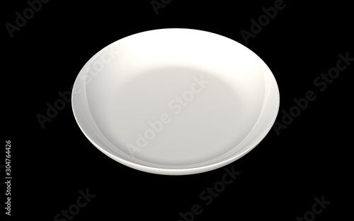 Empty flat gloss white ceramic plate on black background. Camera inclination 45 degrees. Isolated. 3D render