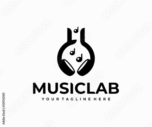 Music lab logo design. Chemistry flask and headphone vector design. DJ studio logotype