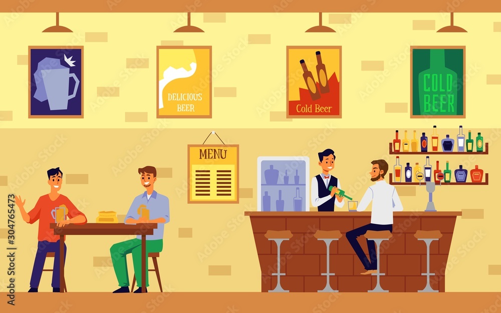 Cafe or cafeteria interior with people talking flat vector illustration isolated.