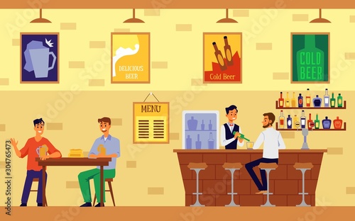 Cafe or cafeteria interior with people talking flat vector illustration isolated.