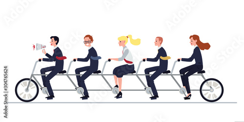 Coordinated business team riding tandem bike, flat vector illustration isolated.