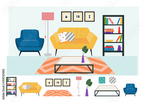 Living room furniture and decoration set of flat vector illustration isolated.