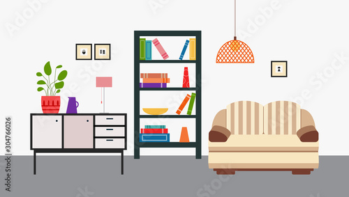 Living room with sofa and bookshelves retro interior, flat vector illustration.