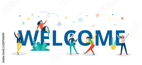 Welcome colorful letters with people characters flat vector illustration isolated.