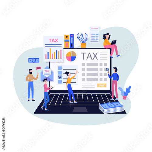 Online tax payment report with characters flat vector illustration isolated.
