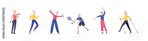 Elderly people activity and sports, flat vector characters illustration isolated.
