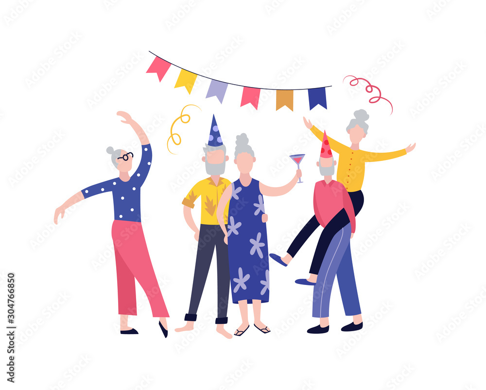 Elderly senior people birthday party, flat cartoon vector illustration isolated.