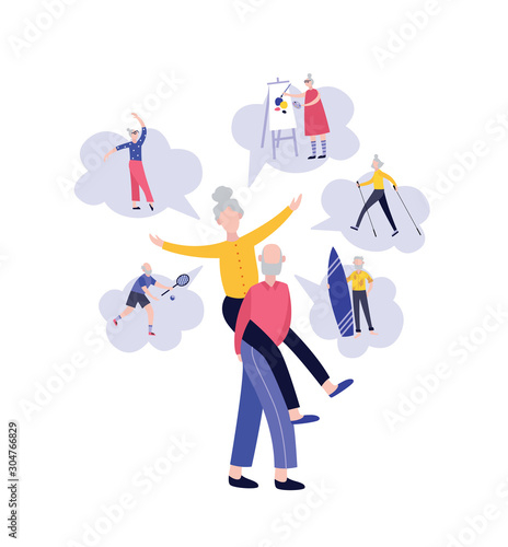 Fun senior lifestyle - old cartoon couple playing sports, making art, dancing
