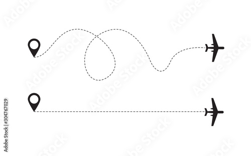 Planes icons with trajectories line and route mark vector illustration isolated.