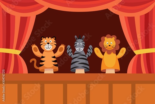 Hand puppet show poster with cute cartoon toy animals performing a play.