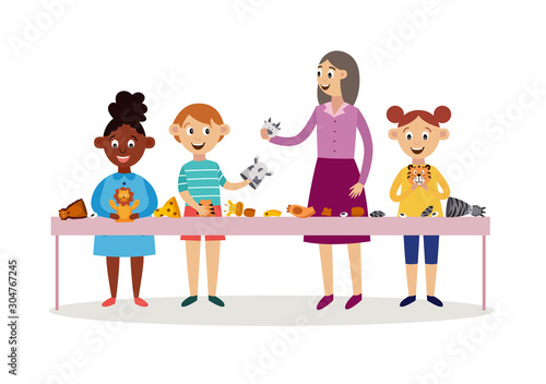 Children with teacher playing hands puppets flat vector illustration isolated.