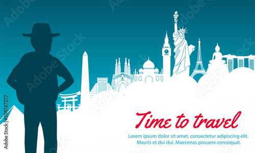 adventurer look to world landmark ahead,silhouette design,vector illustration,green blue gradient,concept artwork
