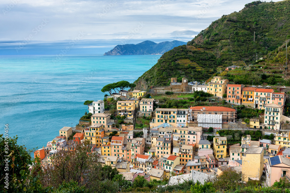 View of Riomaggiore from the top, nature of the Cinque Terre coast in November