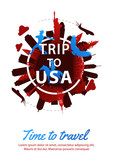 USA top famous landmark silhouette style around text,national flag color red and blue design,travel and tourism,vector illustration