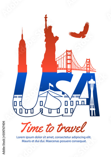USA famous landmark silhouette style inside text,national flag color red and blue design,vector illustration