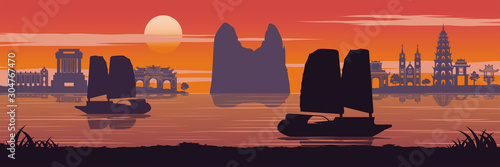 top famous landmark of Vietnam,Ship,Ha long bay,Emperor palace complex in Hue and Tran Quoc pagoda in sunset time,silhouette design,Vintage color,vector illustration