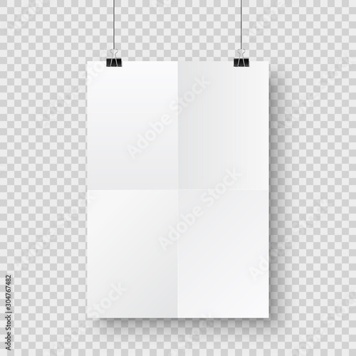 Realistic hanging blank paper sheet with shadow in A4 format and black paper clip, binder on checkered background. Design poster, template or mockup. Vector illustration.