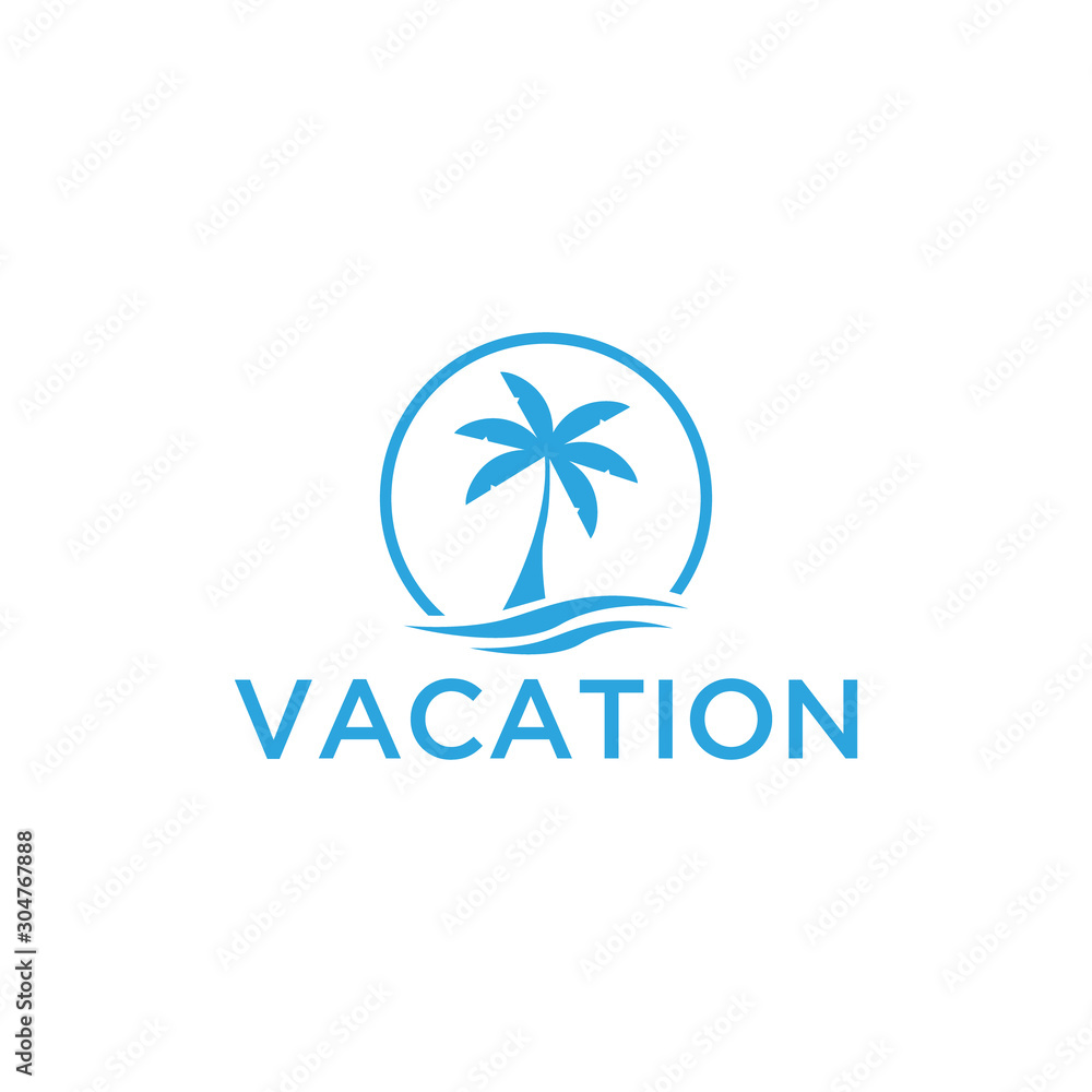 Vacation logo design template. Green palm inn seaside. The concept for travel agency, tropical resort, beach hotel, spa. Summer vacation symbol. Vacation logo design template. Green palm inn seaside. The concept for travel agency, tropical resort, beach hotel, spa. Summer vacation symbol.