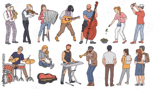 Street musician characters play music set of sketch vector illustration isolated.
