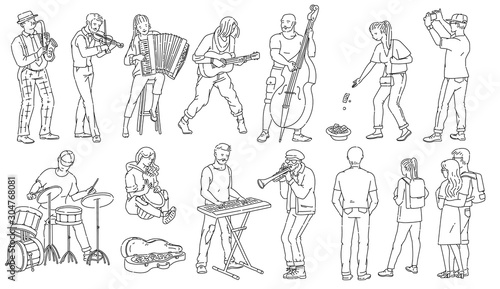 Street musician characters, doodle outline vector illustrations set isolated.