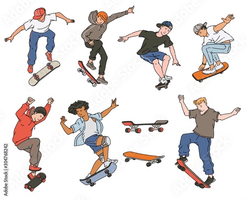 Cartoon teenage boys jumping on skateboards - isolated flat set