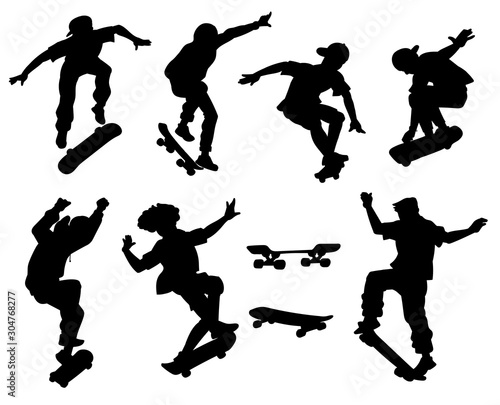 Skateboarders perform tricks black silhouette vector illustrations set isolated.