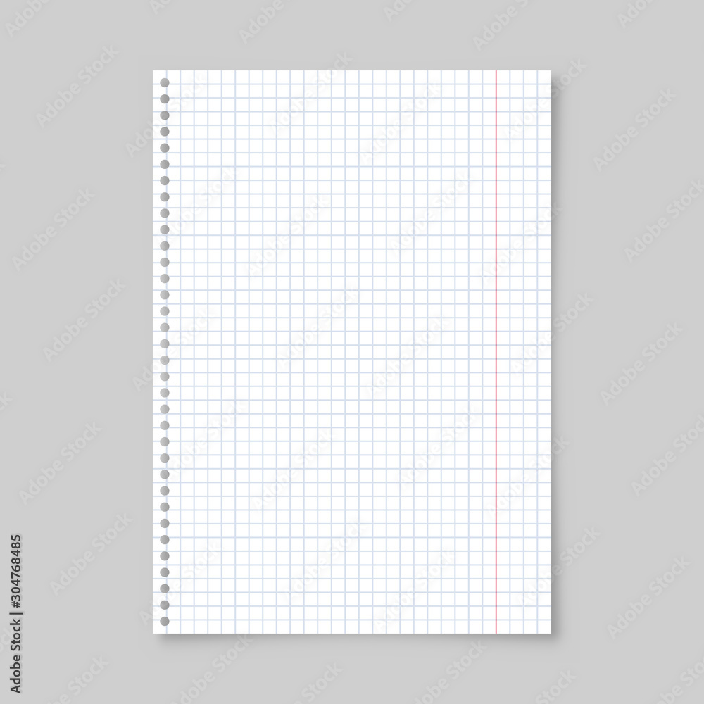 Realistic blank lined paper sheet with shadow in A4 format isolated on gray background. Notebook or book page. Design template or mockup. Vector illustration.