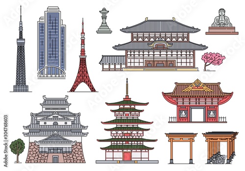 Ancient and modern Japanese landmark building set - exotic Japan architecture collection.
