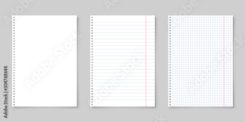 Realistic blank lined paper sheet with shadow in A4 format isolated on gray background collection. Notebook or book page. Design template or mockup. Vector illustration.
