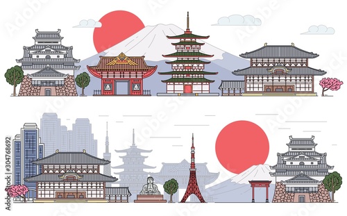 Set of Japanese landscape banners cartoon sketch vector illustration isolated.