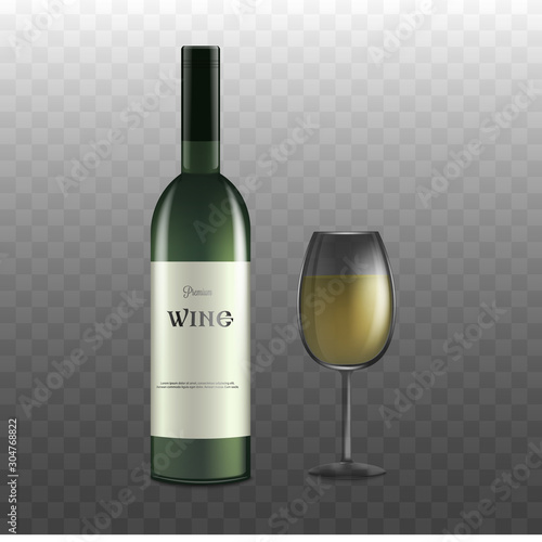 Alcoholic drink wine bottle with wineglass - mockup vector illustration isolated.