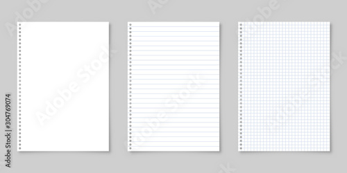 Realistic blank lined paper sheet with shadow in A4 format isolated on gray background collection. Notebook or book page. Design template or mockup. Vector illustration.