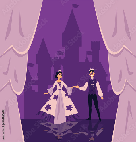 Theater with actors in costumes cartoon characters flat vector illustration.