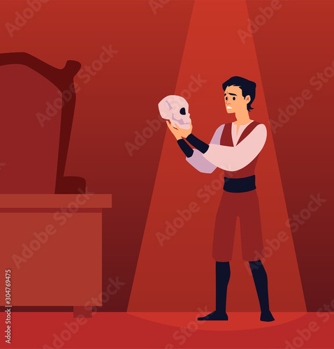 Theater show or performance with actor in stage costume flat vector illustration.