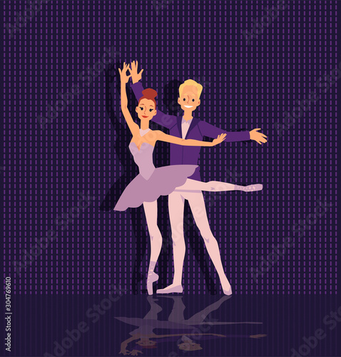 Classic ballet dancers couple in elegant pose flat cartoon vector illustration.