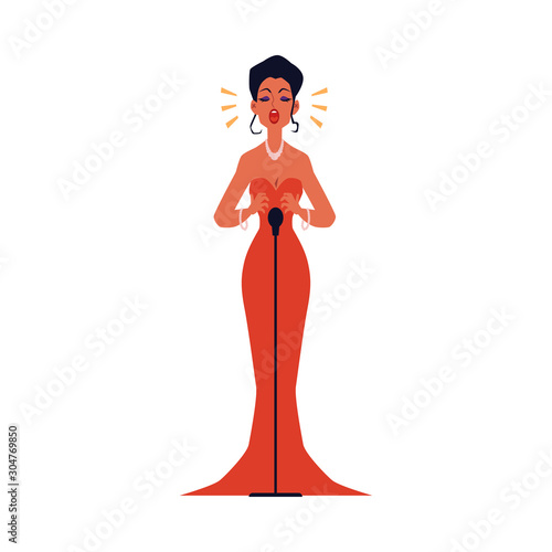 Opera or jazz concert female singer flat vector illustration isolated.