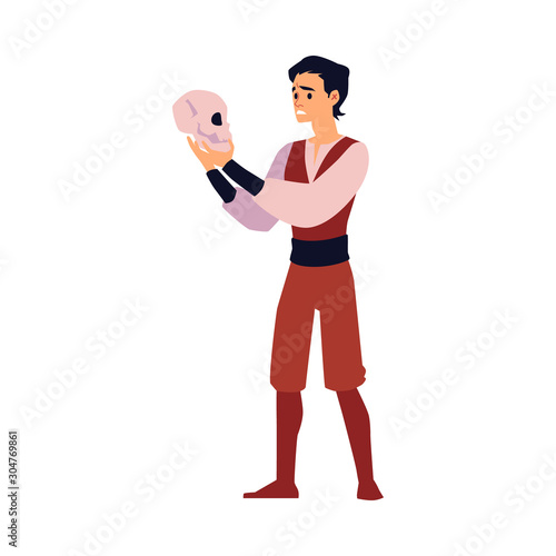 Cartoon actor holding skull and performing monologue