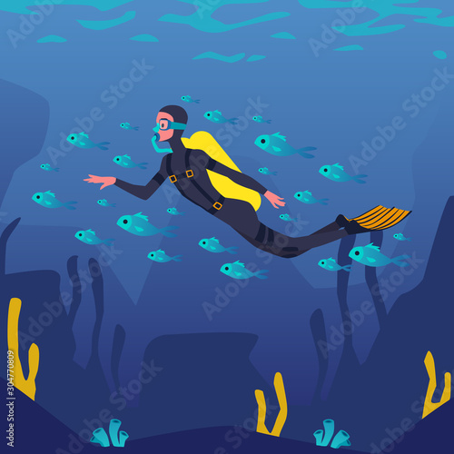 Cartoon diver swimming underwater surrounded by group of small fish.