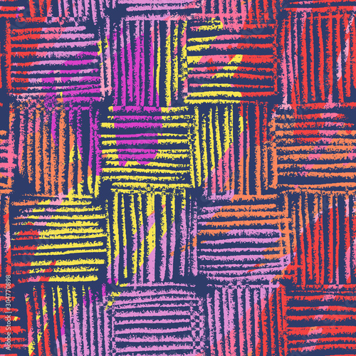 Vector neon weave 80s 90s seamless pattern. Trendy hand drawn repeat design for fabric and wrapping paper.