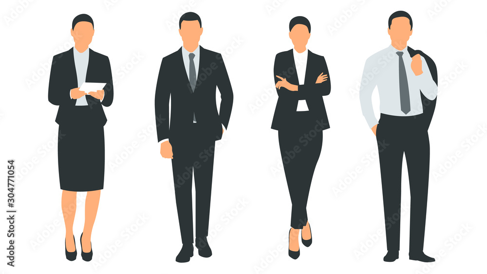 Set of vector illustration of a group of successful and beautiful businesswomen and businessmen standing in a suit. Poster with text placeholder and description Set of vector illustration of a group of successful and beautiful businesswomen and businessmen standing in a suit. Poster with text placeholder and description