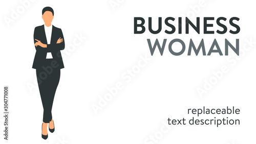 Vector illustration of a successful and beautiful businesswoman in a suit standing with arms crossed. Poster with text placeholder and description