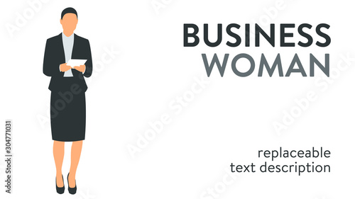 Vector illustration of a successful and beautiful business woman in a suit standing with documents in her hands. Poster with text placeholder and description
