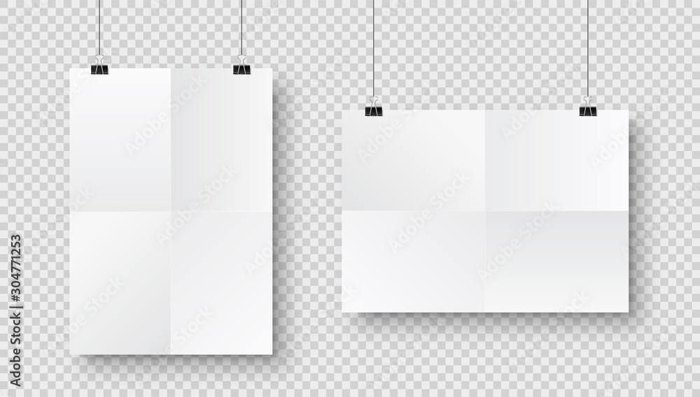 Realistic hanging blank paper sheet with shadow in A4 format and black paper clip, binder on checkered background. Design poster, template or mockup. Vector illustration.