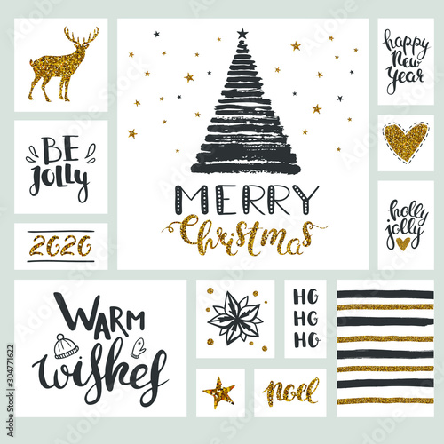 Christmas set with black and gold stickers and banners. Vector setof Christmas illustrations. photo