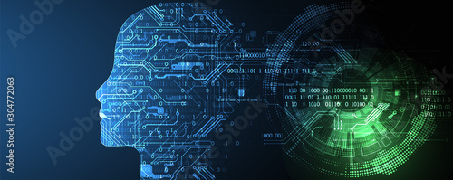 Artificial intelligence (AI) and big data concept. Machine cyber mind.  Humen face with binary data flow. Technology vector background.
