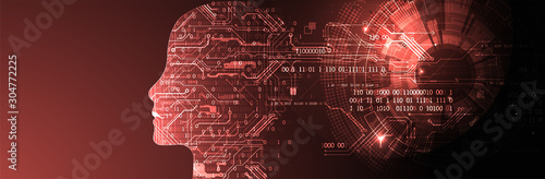 Artificial intelligence (AI) and big data concept. Machine cyber mind.  Humen face with binary data flow. Technology vector background.