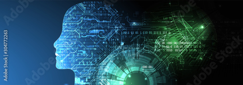 Artificial intelligence (AI) and big data concept. Machine cyber mind.  Humen face with binary data flow. Technology vector background.