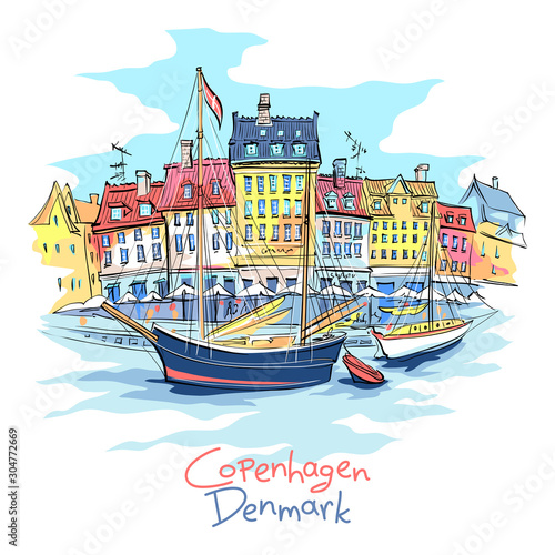 Vector sketch of Nyhavn with colorful facades of old houses and old ships in the Old Town of Copenhagen, capital of Denmark.