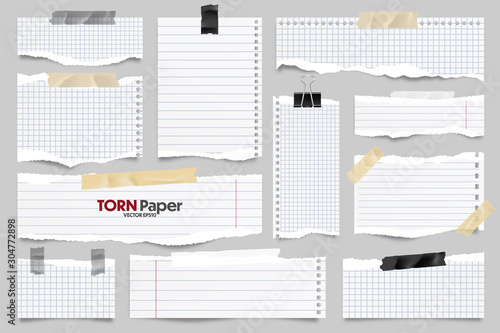 White ripped lined paper strips collection. Realistic paper scraps with torn edges and adhesive tape. Sticky notes, shreds of notebook pages. Vector illustration.